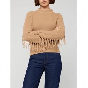 Brodie Cashmere Womens Sophia Fringe Sweater S Camel Mock Neck Western Boho
